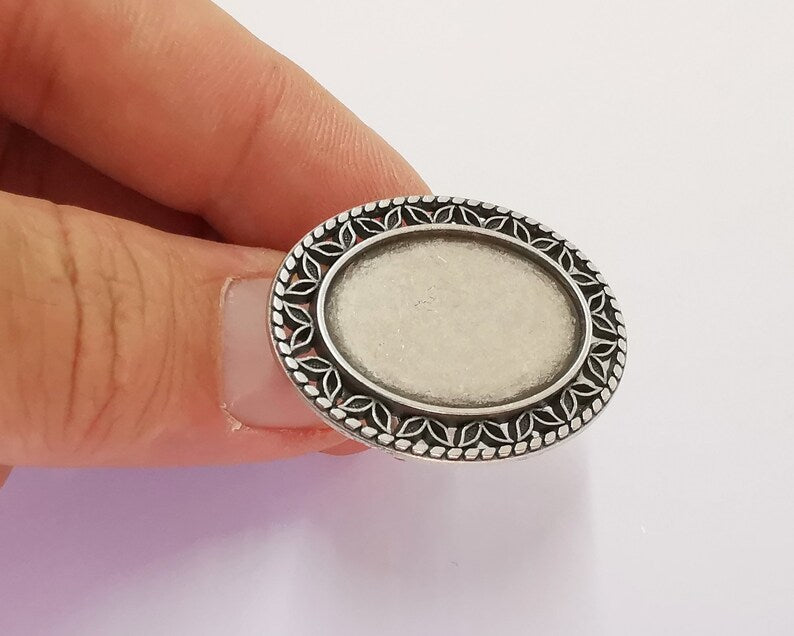 Silver Ring Setting Blank Cabochon Base Ring Mounting Adjustable Ring Base Bezel (25x18mm) Antique Silver Plated G22109