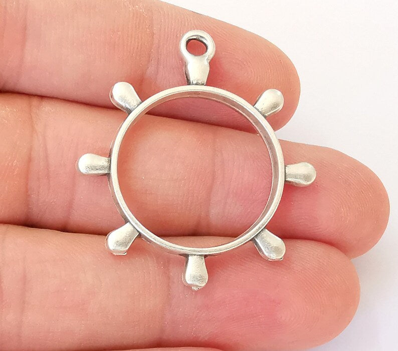 2 Ship Steering Wheel Charms Antique Silver Plated Charm (39x34mm) G22326