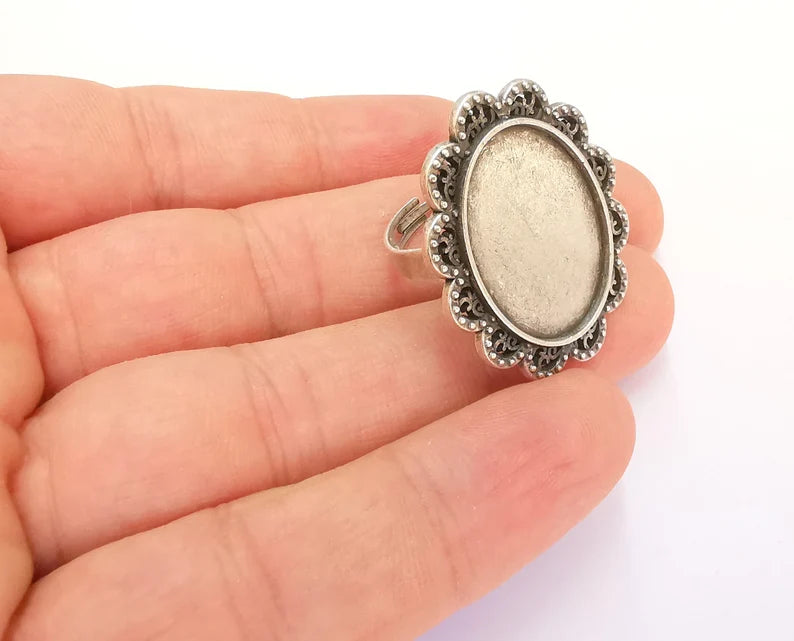 Silver Ring Setting Blank Cabochon Base Ring Mounting Adjustable Ring Base Bezel (25x18mm) Antique Silver Plated G22053
