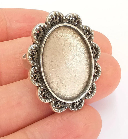 Silver Ring Setting Blank Cabochon Base Ring Mounting Adjustable Ring Base Bezel (25x18mm) Antique Silver Plated G22053