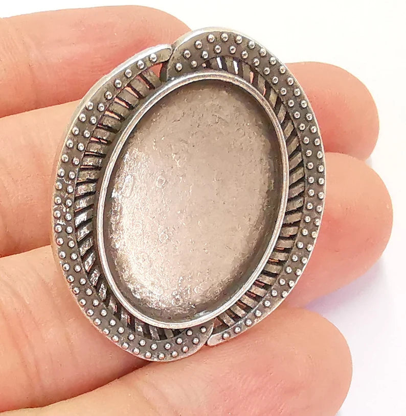 Silver Ring Setting Blank Cabochon Base Ring Mounting Adjustable Ring Base Bezel (25x18mm) Antique Silver Plated G22054