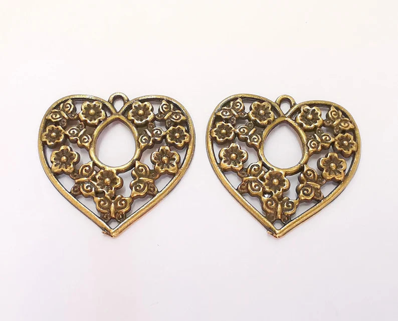 2 Heart Flower Charms Antique Bronze Plated Charms (31x31mm) G22522