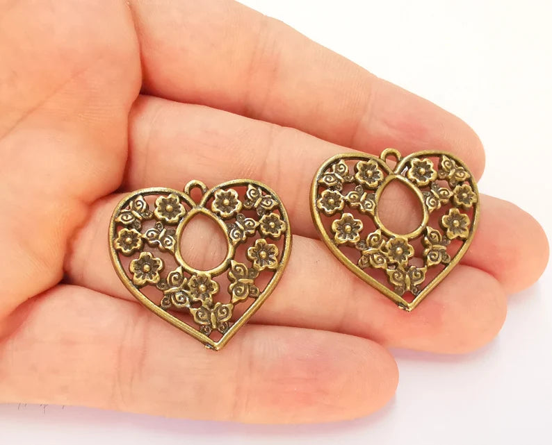 2 Heart Flower Charms Antique Bronze Plated Charms (31x31mm) G22522