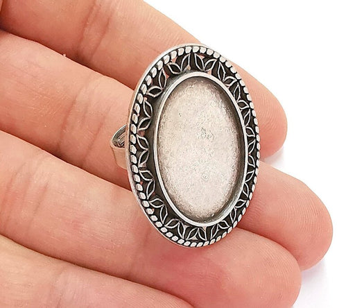 Silver Ring Setting Blank Cabochon Base Ring Mounting Adjustable Ring Base Bezel (25x18mm) Antique Silver Plated G22109