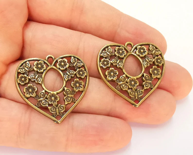 2 Heart Flower Charms Antique Bronze Plated Charms (31x31mm) G22522