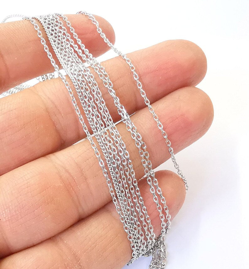 Rhodium Plated Sterling Silver Finished Necklace Chain Cable Chain (2x1,4mm) 925 Solid Silver Ready Chain (40cm+5cm-16inch+2inch) G30186