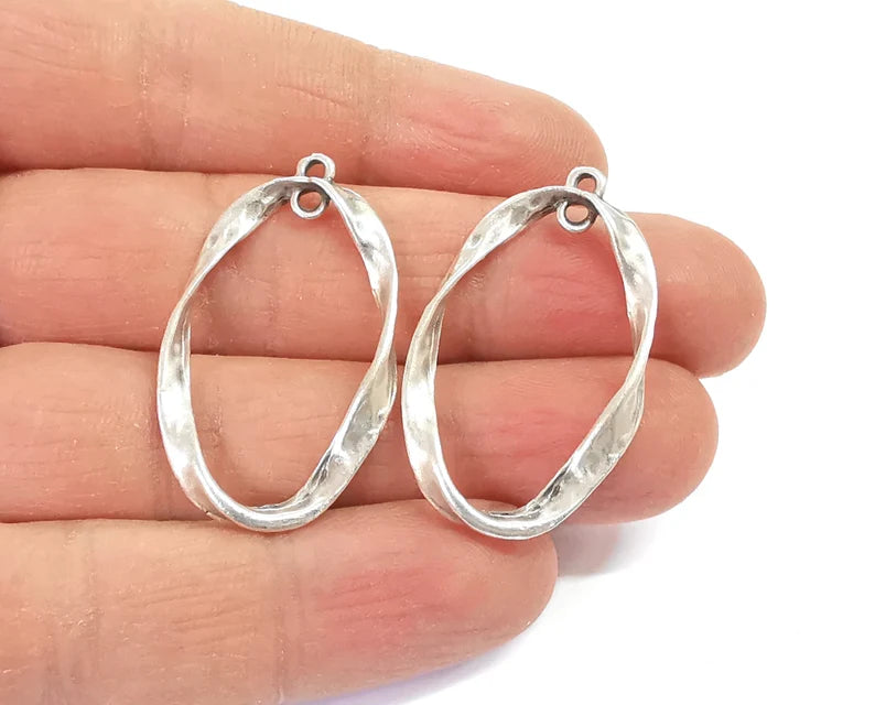 2 Organic Shape Charms, Oval Hammered Charms, Earring Connector, Pendant Parts, Dangle Findings, Antique Silver Plated (38x22mm) G24413