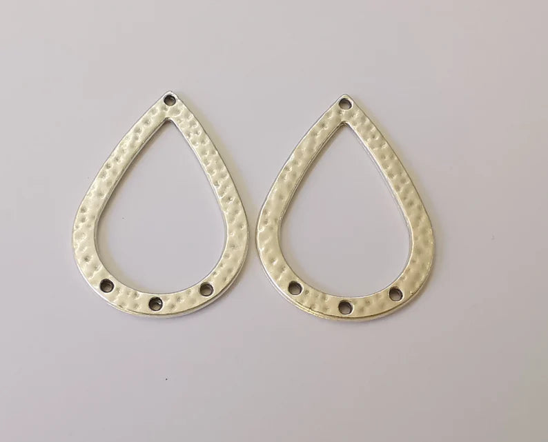4 Drop Hammered Charms Connector Antique Silver Plated Charms (38x26mm) G23166