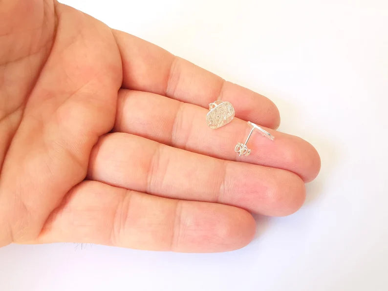 Earring Stud with Hole, Sterling Silver Earring Posts 2 Pcs (1 pair) Flat Pad Back 925 Silver Earring Engraving (12x8mm) G30194