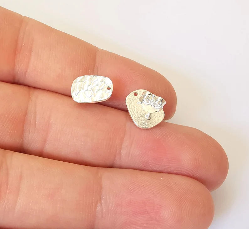 Earring Stud with Hole, Sterling Silver Earring Posts 2 Pcs (1 pair) Flat Pad Back 925 Silver Earring Engraving (12x8mm) G30194