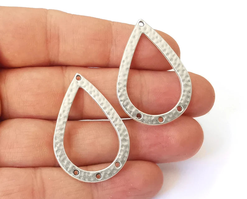 4 Drop Hammered Charms Connector Antique Silver Plated Charms (38x26mm) G23166