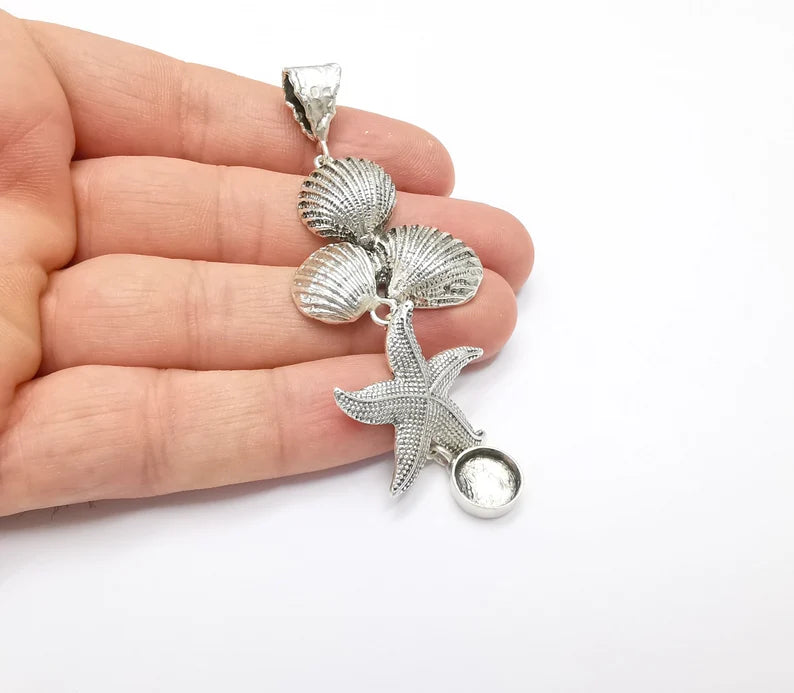 Silver Starfish Sea Shell Pendant Bezel Blank Charms Antique Silver Plated Blanks (10mm Blank) G26366