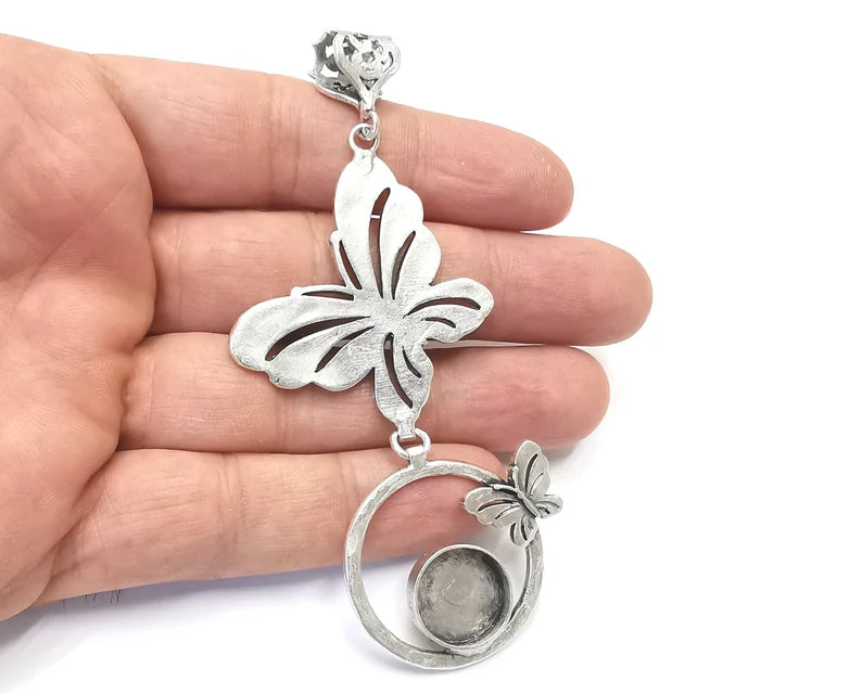 Butterfly pendant base setting bezel blank Antique silver plated brass pendant (100mm) (14mm blank) G26368