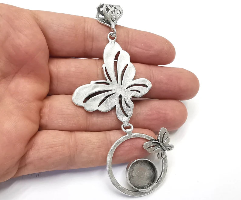 Butterfly pendant base setting bezel blank Antique silver plated brass pendant (100mm) (14mm blank) G26368