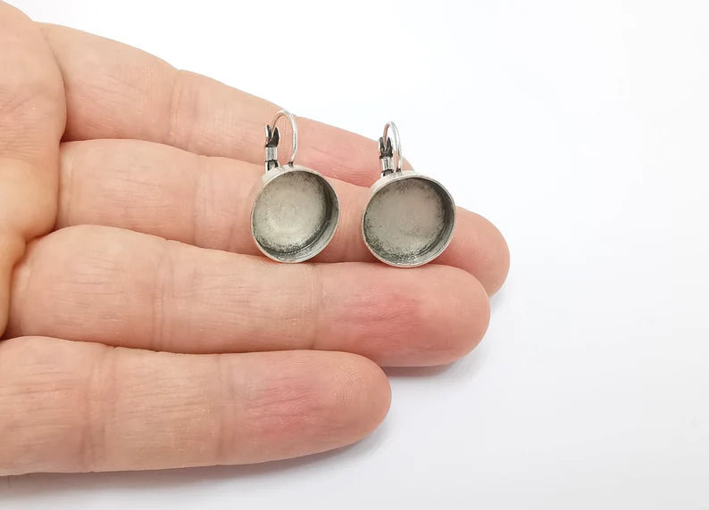 Earring Blank Base Settings Silver Resin Blank Cabochon Base inlay Blank Mountings Antique Silver Plated Brass 1 Set ( 14mm ) G26470