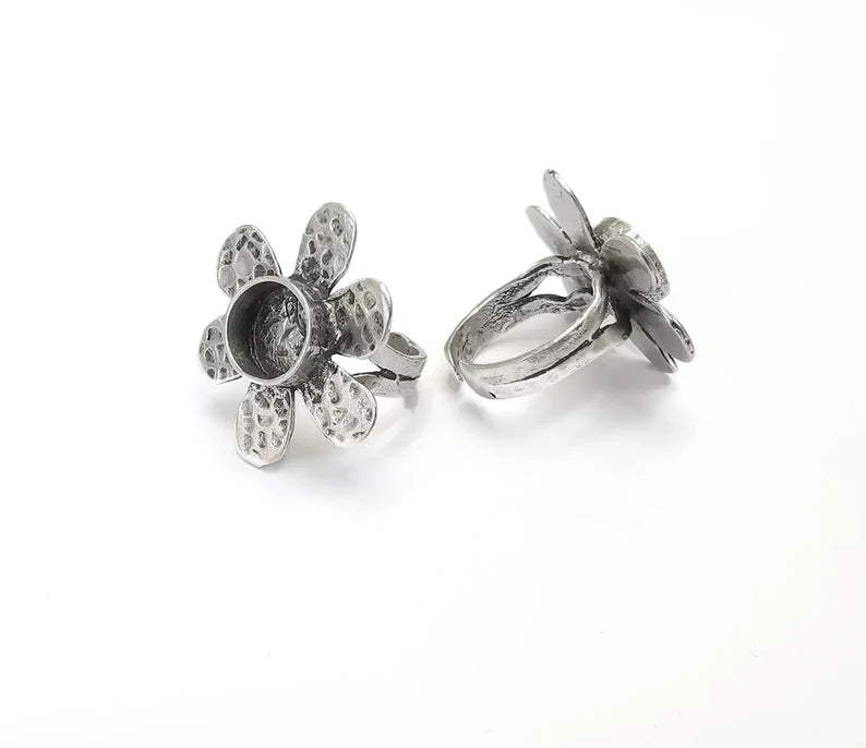 Silver Ring Blank Base Bezel Settings Cabochon Base Mountings Adjustable (10mm Blank) , Antique Silver Plated Brass G8069