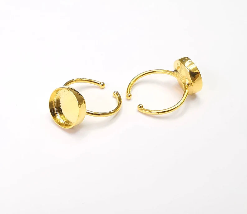 Shiny Gold Ring Bezels Ring Settings Resin Ring Backs Cabochon Mounting Gold Plated Brass Adjustable Ring Base (12mm blank) G26514