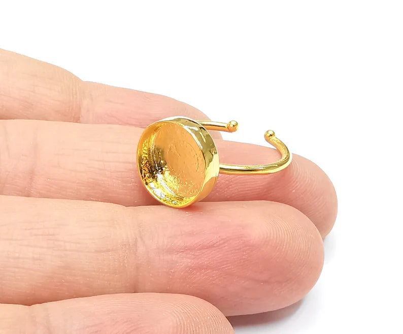 Shiny Gold Ring Bezels Ring Settings Resin Ring Backs Cabochon Mounting Gold Plated Brass Adjustable Ring Base (12mm blank) G26514