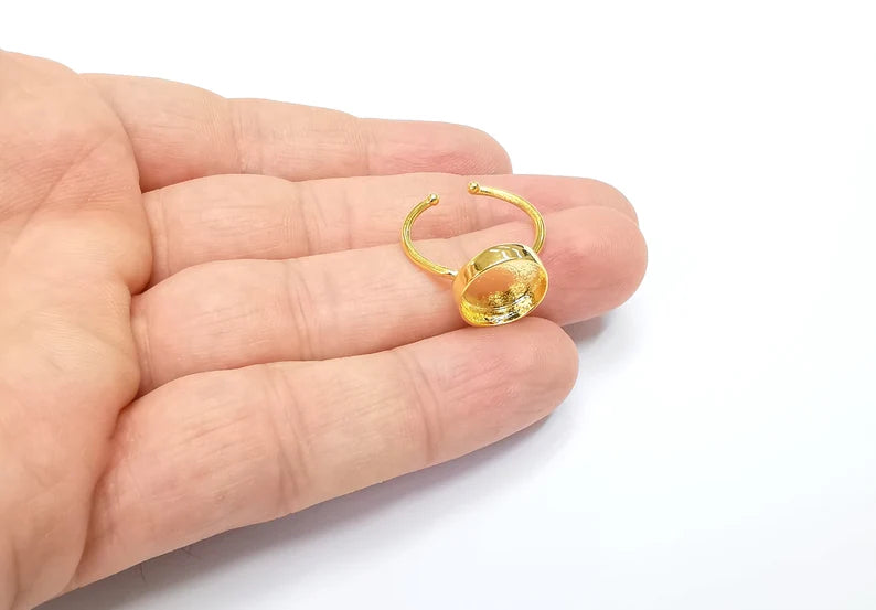 Shiny Gold Ring Bezels Ring Settings Resin Ring Backs Cabochon Mounting Gold Plated Brass Adjustable Ring Base (12mm blank) G26514
