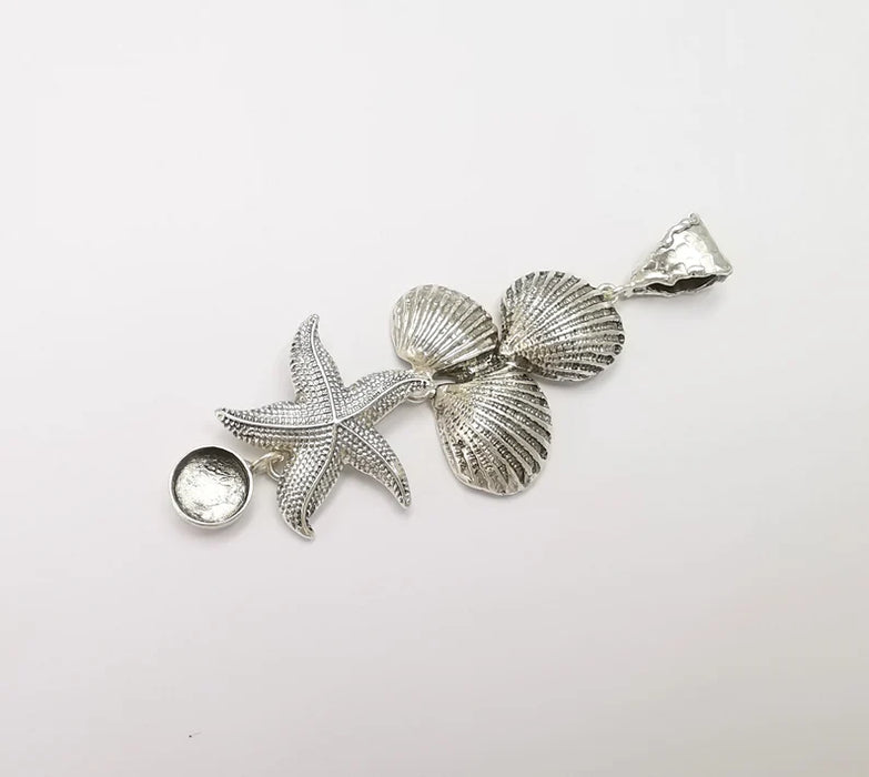 Silver Starfish Sea Shell Pendant Bezel Blank Charms Antique Silver Plated Blanks (10mm Blank) G26366