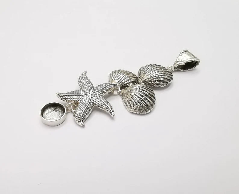 Silver Starfish Sea Shell Pendant Bezel Blank Charms Antique Silver Plated Blanks (10mm Blank) G26366