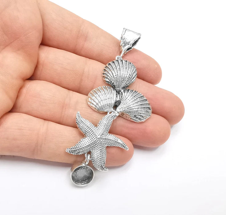 Silver Starfish Sea Shell Pendant Bezel Blank Charms Antique Silver Plated Blanks (10mm Blank) G26366