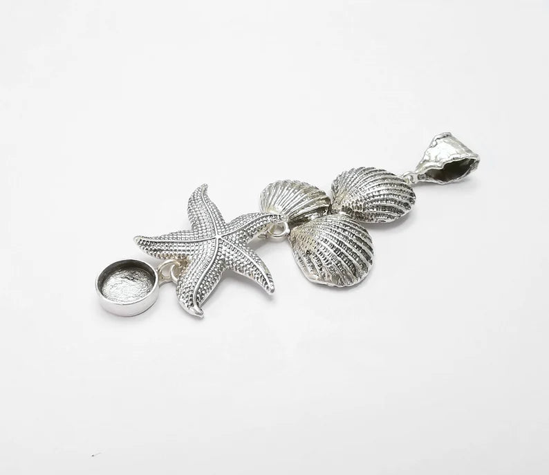 Silver Starfish Sea Shell Pendant Bezel Blank Charms Antique Silver Plated Blanks (10mm Blank) G26366