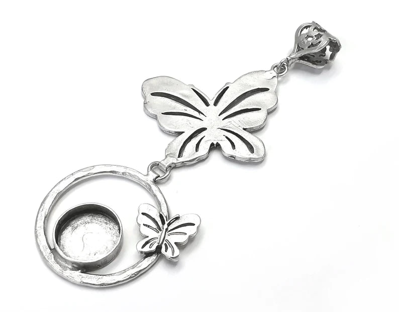 Butterfly pendant base setting bezel blank Antique silver plated brass pendant (100mm) (14mm blank) G26368