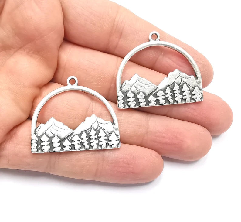 Mountain Landscape Forest Pendant Charms Antique Silver Plated Pendant (36x31mm) G26611