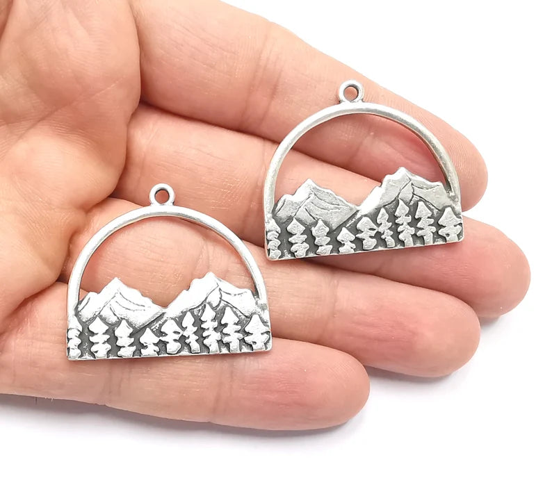 Mountain Landscape Forest Pendant Charms Antique Silver Plated Pendant (36x31mm) G26611