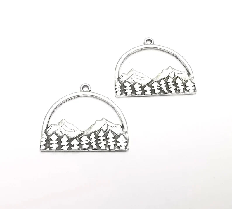 Mountain Landscape Forest Pendant Charms Antique Silver Plated Pendant (36x31mm) G26611