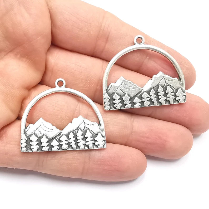 Mountain Landscape Forest Pendant Charms Antique Silver Plated Pendant (36x31mm) G26611