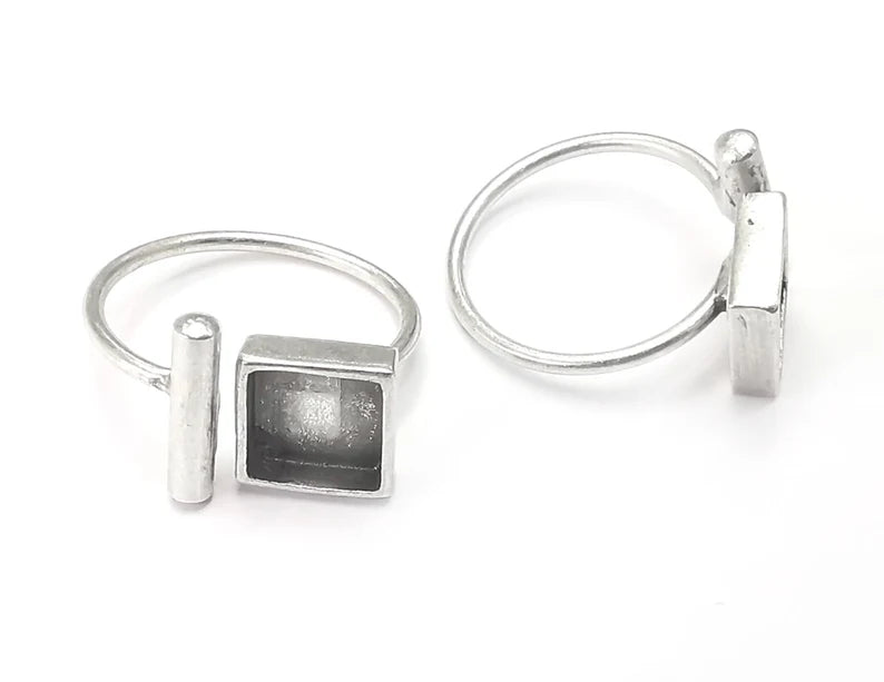 Square ball silver ring setting blank cabochon mounting Adjustable ring base bezel Antique Silver Plated Brass (10x10mm blanks) G26689