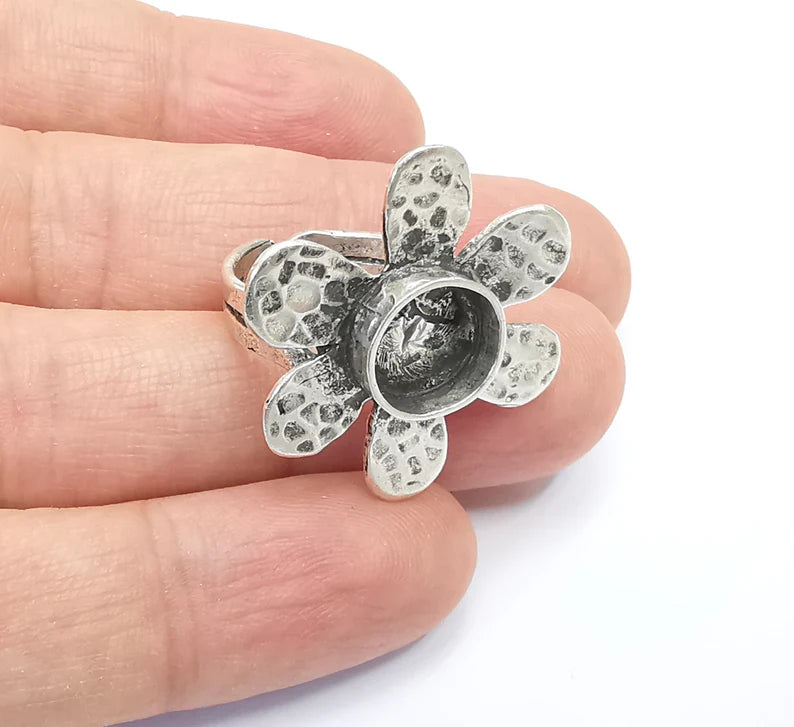 Silver Ring Blank Base Bezel Settings Cabochon Base Mountings Adjustable (10mm Blank) , Antique Silver Plated Brass G8069