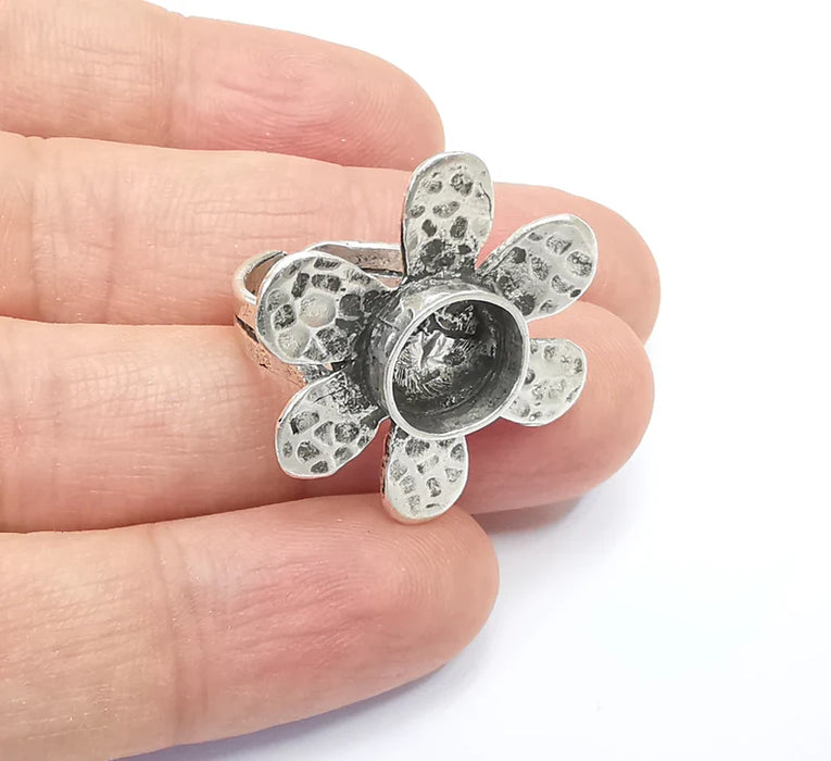 5 Pcs Silver Ring Blank Base Bezel Settings Cabochon Base Mountings Adjustable (10mm Blank) , Antique Silver Plated Brass G8069