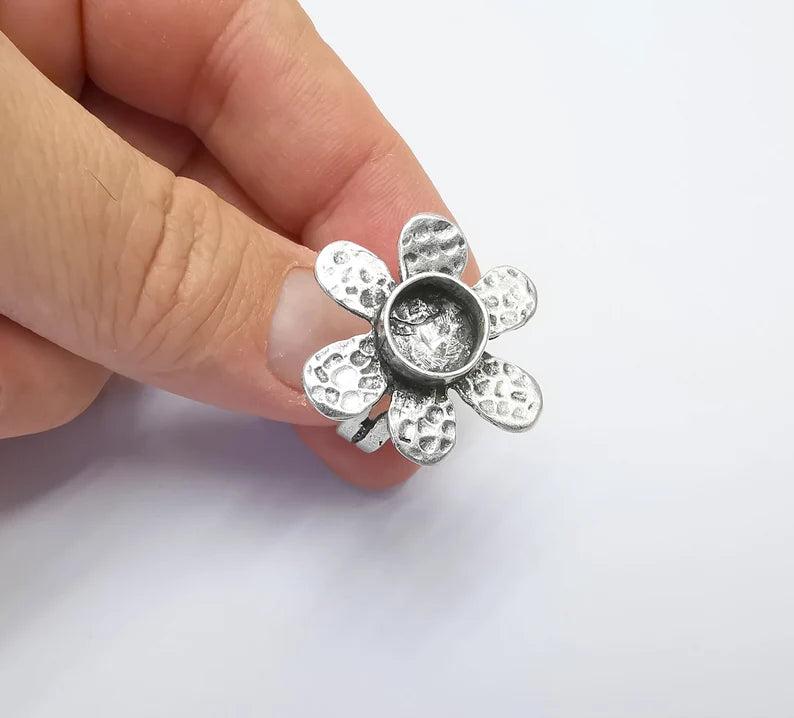 Silver Ring Blank Base Bezel Settings Cabochon Base Mountings Adjustable (10mm Blank) , Antique Silver Plated Brass G8069