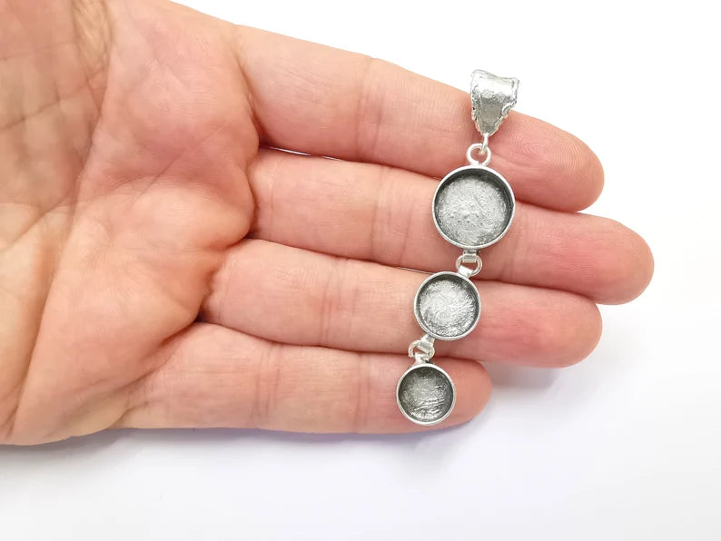 Silver Dangle Pendant Blank Resin Bezel Mosaic Mountings Cabochon Setting Antique Silver Plated Brass (14mm - 12mm - 10mm Bezels) G26500