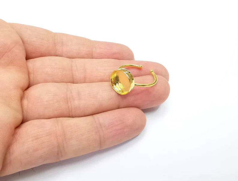 Shiny Gold Ring Bezels Ring Settings Resin Ring Backs Cabochon Mounting Gold Plated Brass Adjustable Ring Base (12mm blank) G26514
