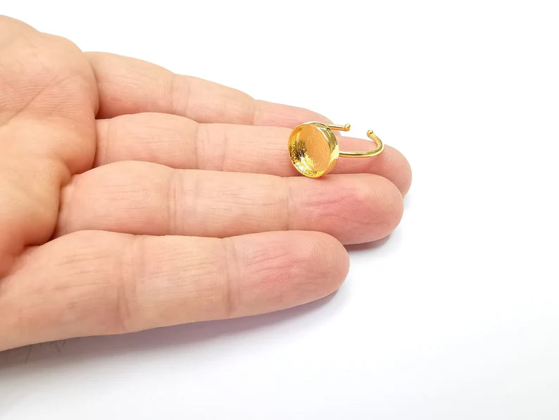 Shiny Gold Ring Bezels Ring Settings Resin Ring Backs Cabochon Mounting Gold Plated Brass Adjustable Ring Base (12mm blank) G26514