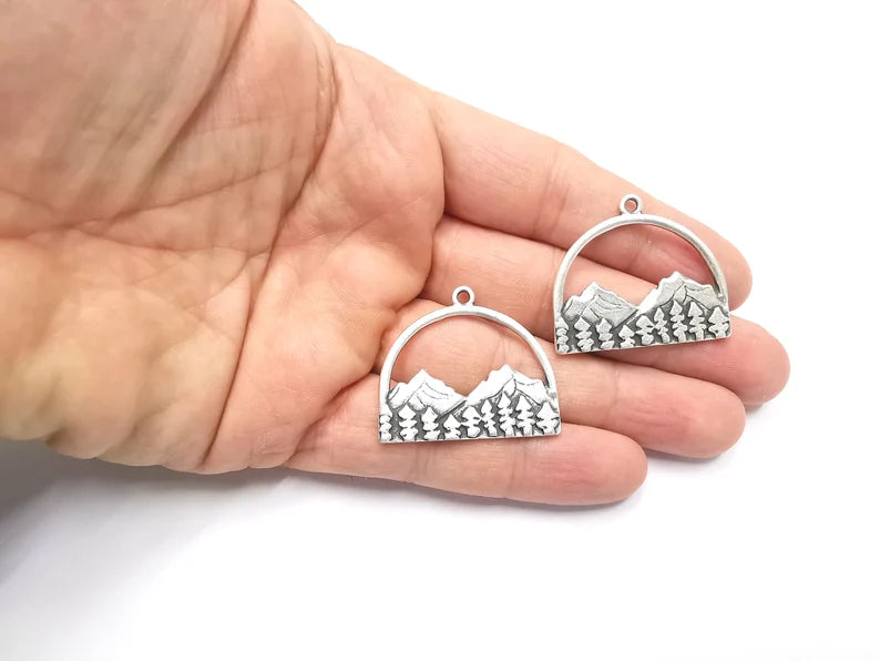 Mountain Landscape Forest Pendant Charms Antique Silver Plated Pendant (36x31mm) G26611