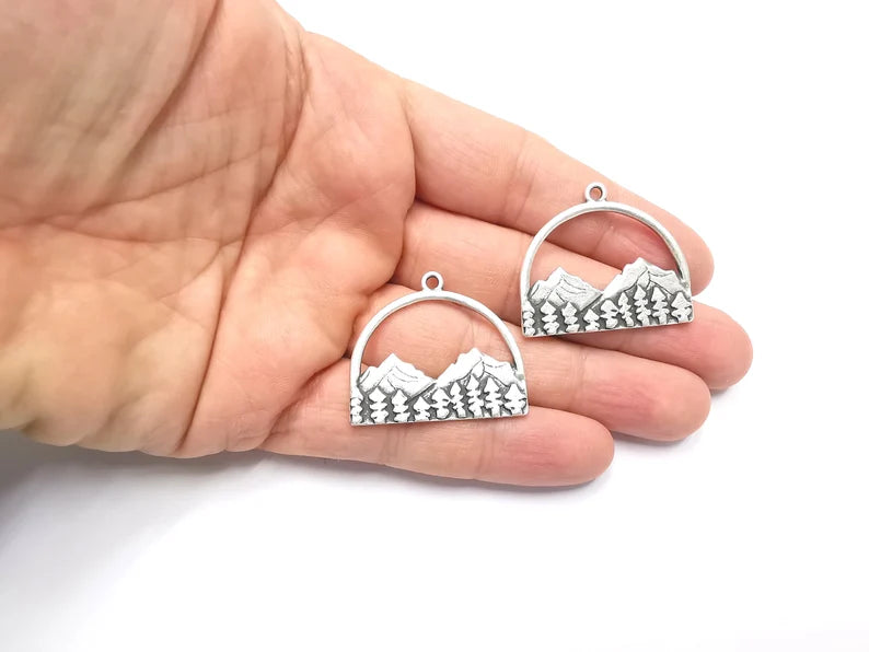 Mountain Landscape Forest Pendant Charms Antique Silver Plated Pendant (36x31mm) G26611