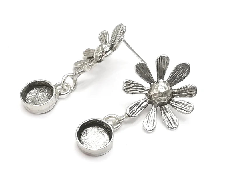 Flower Round Silver Earring Set Base Wire Antique Silver Plated Brass Earring Base (8mm blank) G26915