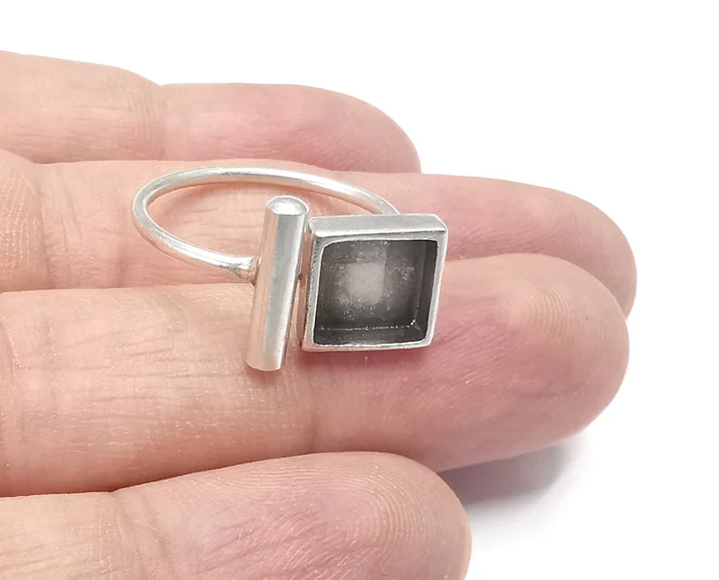 Square ball silver ring setting blank cabochon mounting Adjustable ring base bezel Antique Silver Plated Brass (10x10mm blanks) G26689