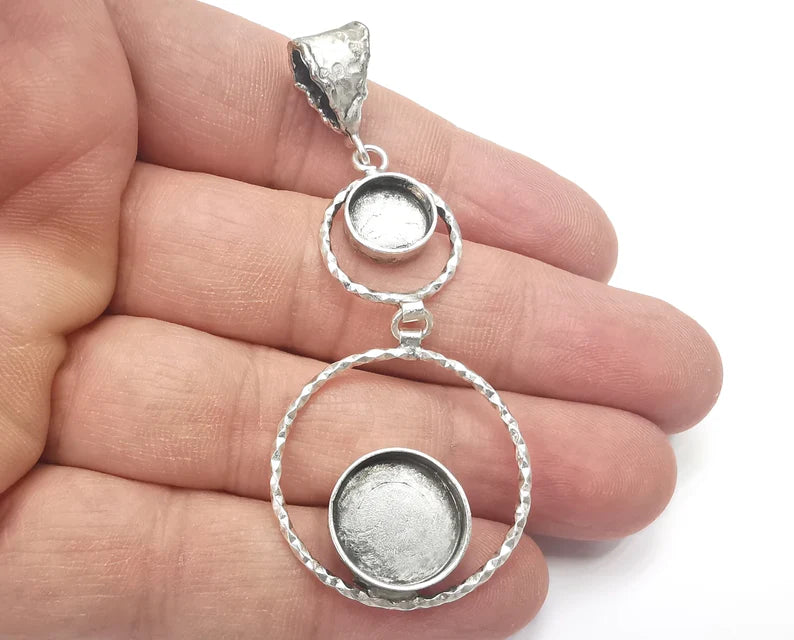 Circles Hammered Dangle Pendant Base Setting Bezel Blank Antique Silver Plated Brass Pendant (73x30 mm)(14-10mm blanks) G26697