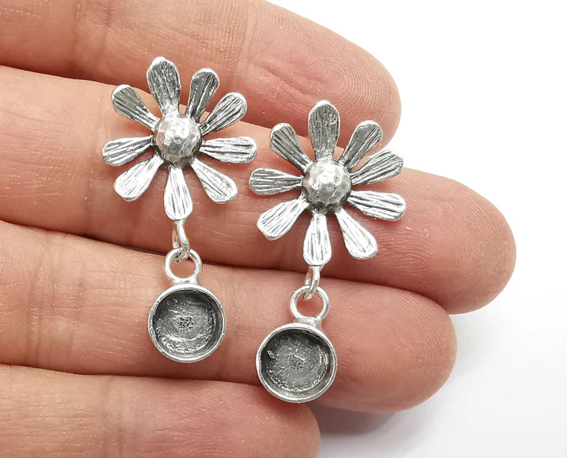 Flower Round Silver Earring Set Base Wire Antique Silver Plated Brass Earring Base (8mm blank) G26915