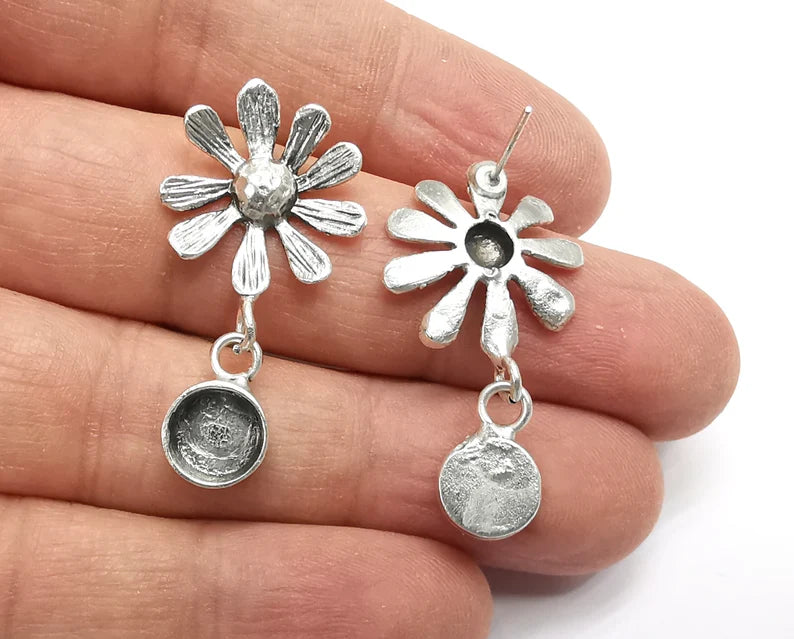 Flower Round Silver Earring Set Base Wire Antique Silver Plated Brass Earring Base (8mm blank) G26915