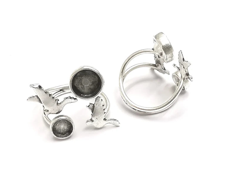 Flying Birds Ring Blank Ring Setting Ring Bezel Base Cabochon Mountings Adjustable Antique Silver Plated Brass (8mm and 6mm blanks) G27212