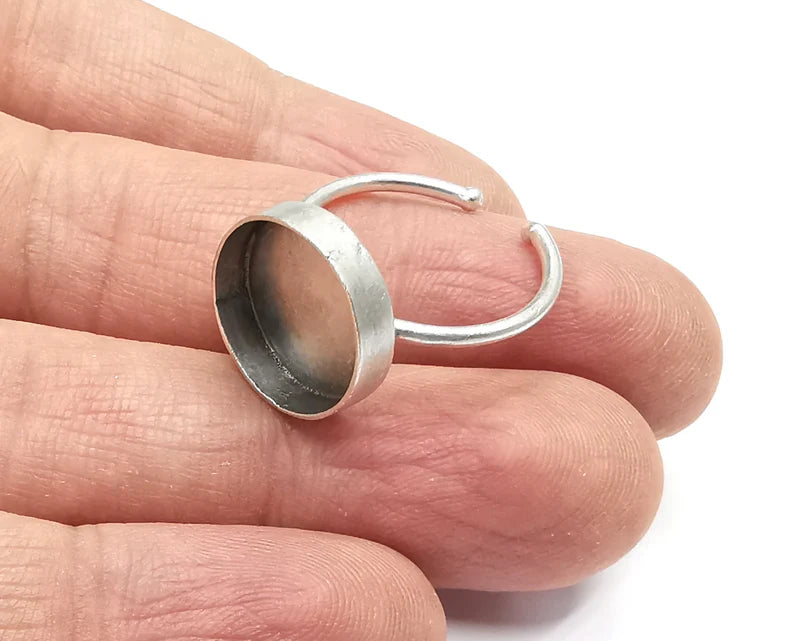 Round Silver Ring Setting Blank Cabochon Mounting Adjustable Ring Base Bezel Antique Silver Plated Brass (14mm Blank) G27926