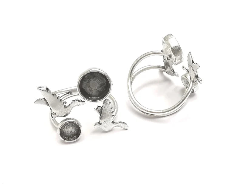 Flying Birds Ring Blank Ring Setting Ring Bezel Base Cabochon Mountings Adjustable Antique Silver Plated Brass (8mm and 6mm blanks) G27212