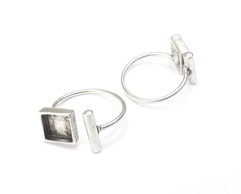 Ring Blanks Silver Rod Square Ring Setting Cabochon Mounting Adjustable Ring Base Bezel Antique Silver Plated Brass (8mm Blanks) G27268